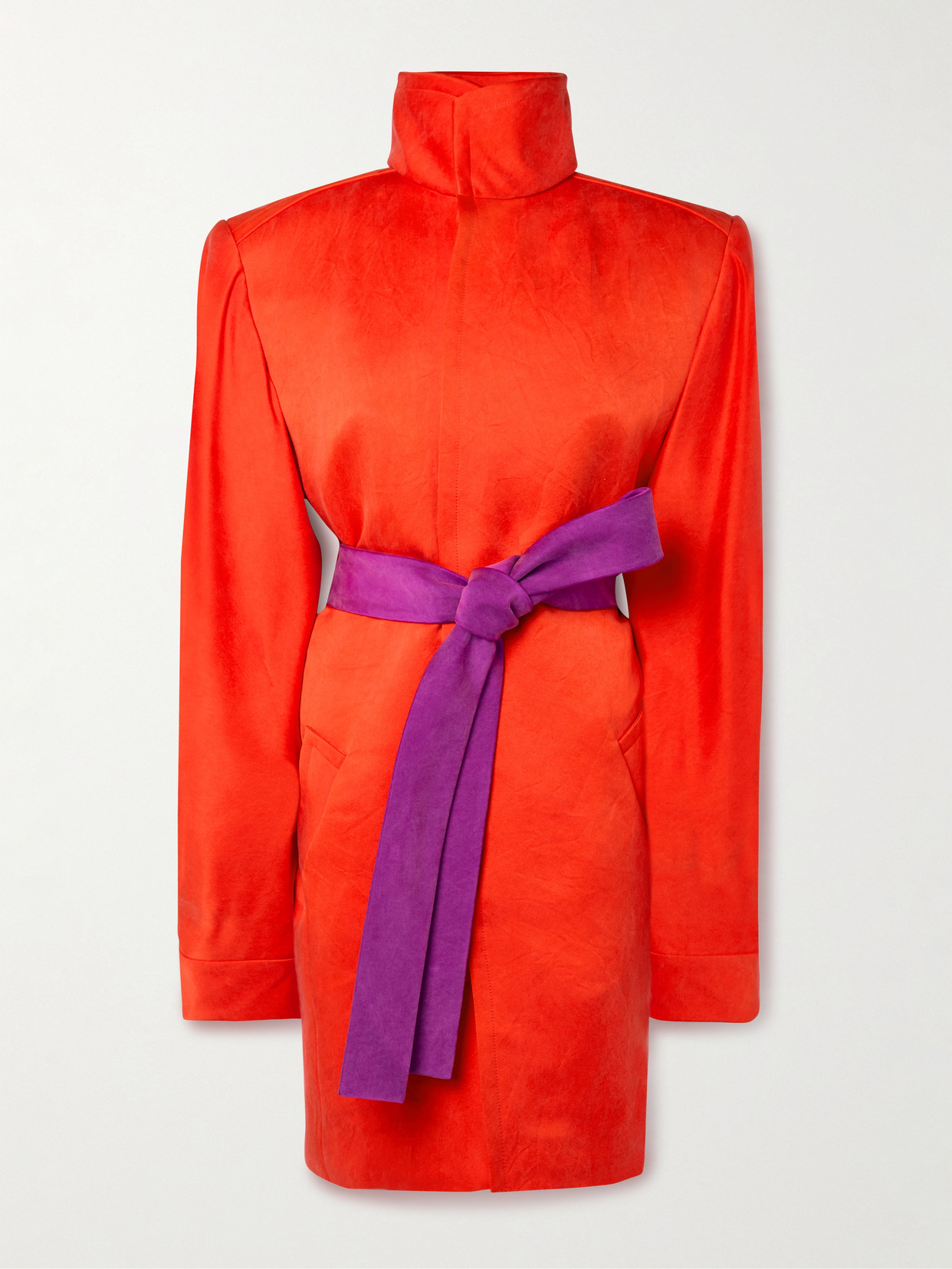 Saint Laurent Belted Stonewashed Silk Satin Coat In Red