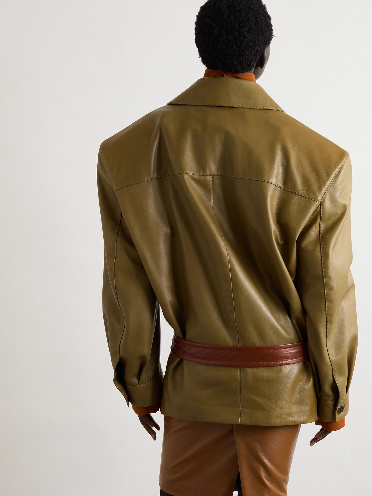 Saint Laurent Belted Leather Jacket In Green