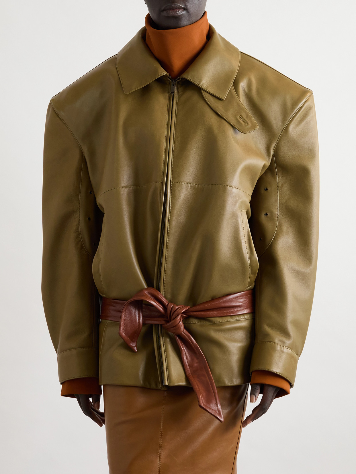 Saint Laurent Belted Leather Jacket In Green