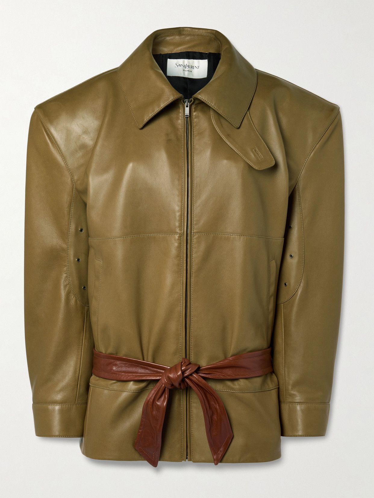 Saint Laurent Belted Leather Jacket In Green