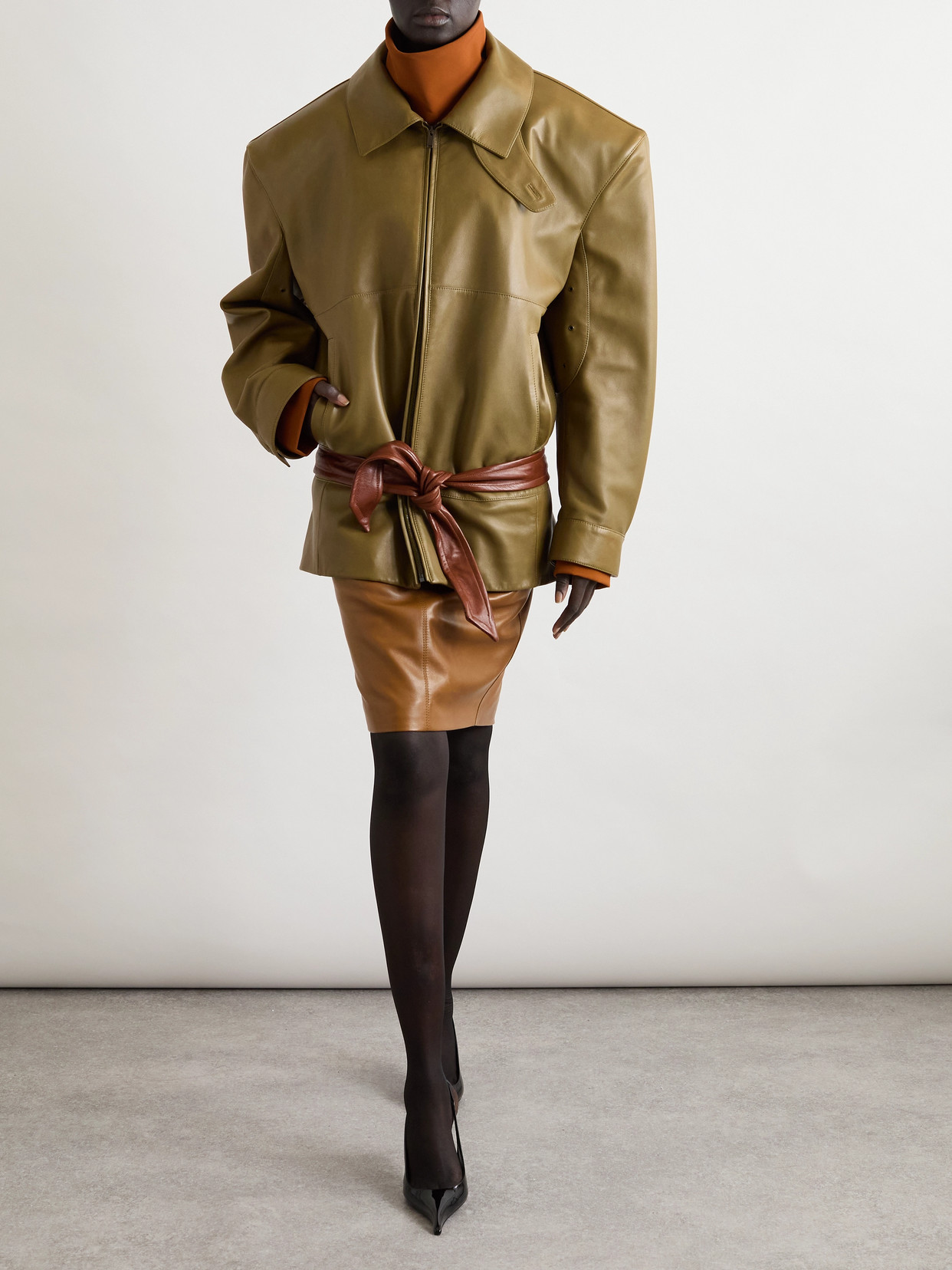Saint Laurent Belted Leather Jacket In Green