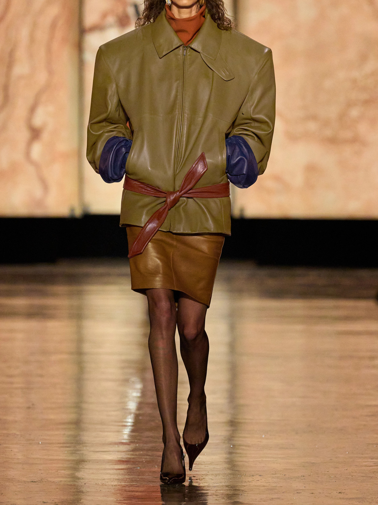 Saint Laurent Belted Leather Jacket In Green