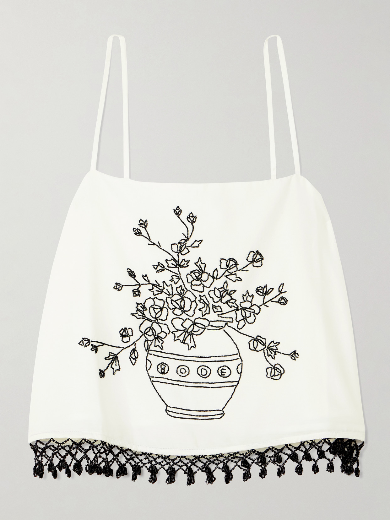 Bode Rosebloom Cropped Bead-embellished Fringed Cotton And Silk-blend Top In White