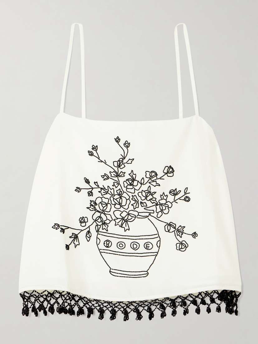 BODE Rosebloom Cropped Bead-embellished Fringed Cotton And Silk-blend Top