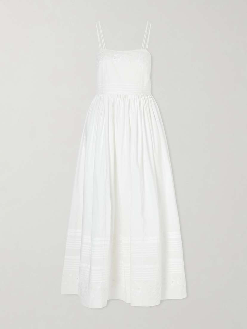 BODE Chamomile Pintucked Embroidered Cotton-poplin Midi Dress