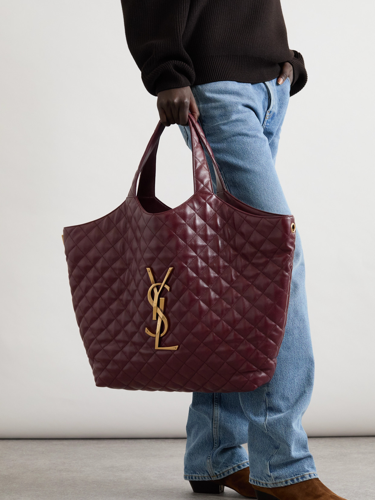 Saint Laurent Icare Extra Large Embellished Quilted Leather Tote In Burgundy