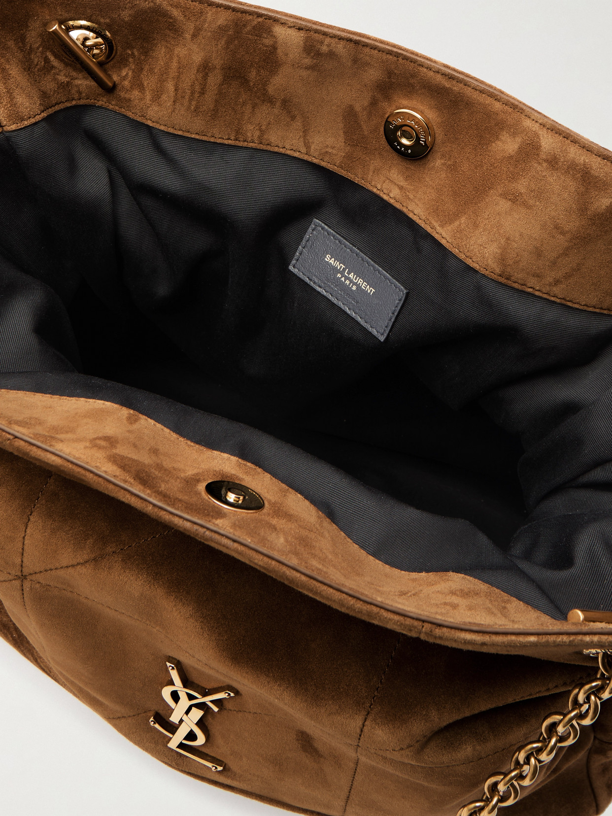 Saint Laurent Jamie Shopping Appliquéd Quilted Suede Shoulder Bag In Brown