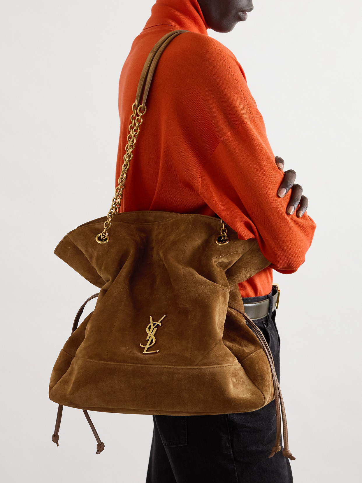 Saint Laurent Jamie Shopping Appliquéd Quilted Suede Shoulder Bag In Brown