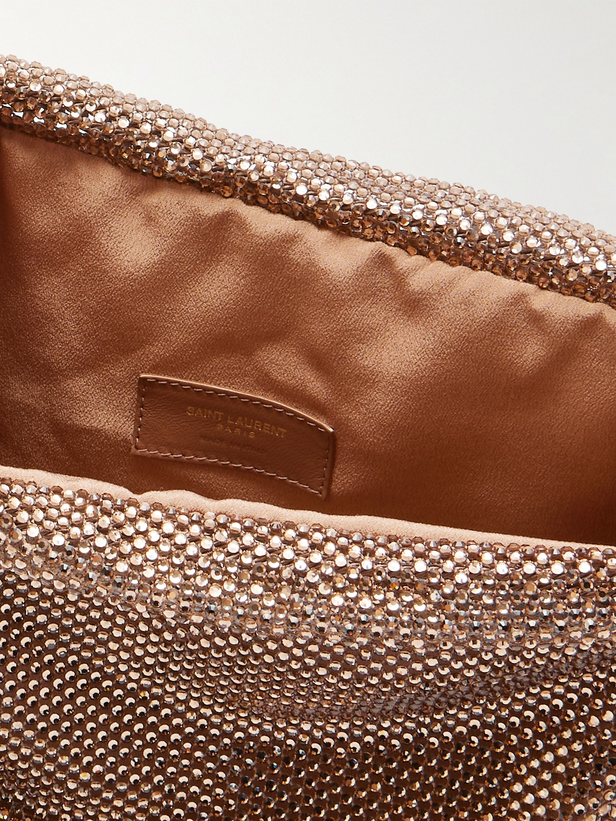 Saint Laurent Crystal-embellished Mesh Pouch In Brown