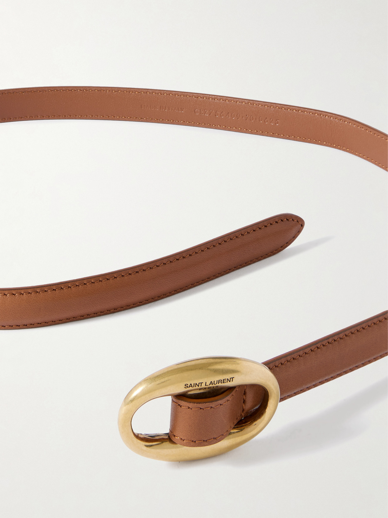 Saint Laurent Oval Buckle Thin Belt In Brown