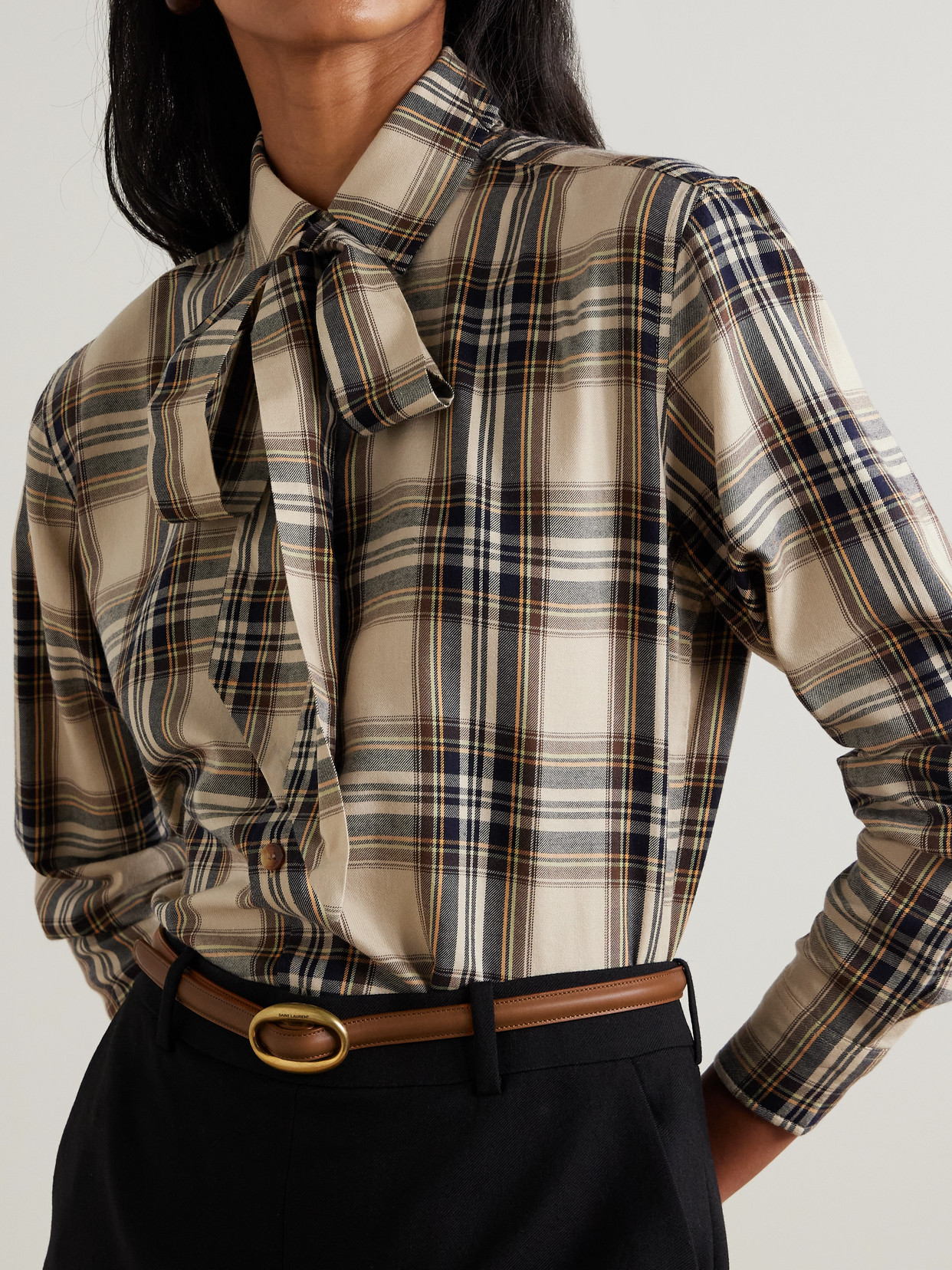 Saint Laurent Oval Buckle Thin Belt In Brown