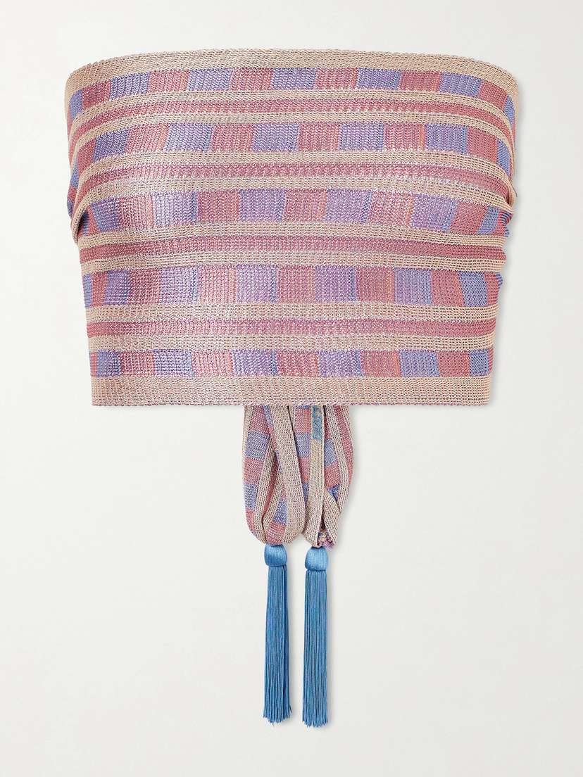 BODE Strapless Tasseled Striped Crocheted Top