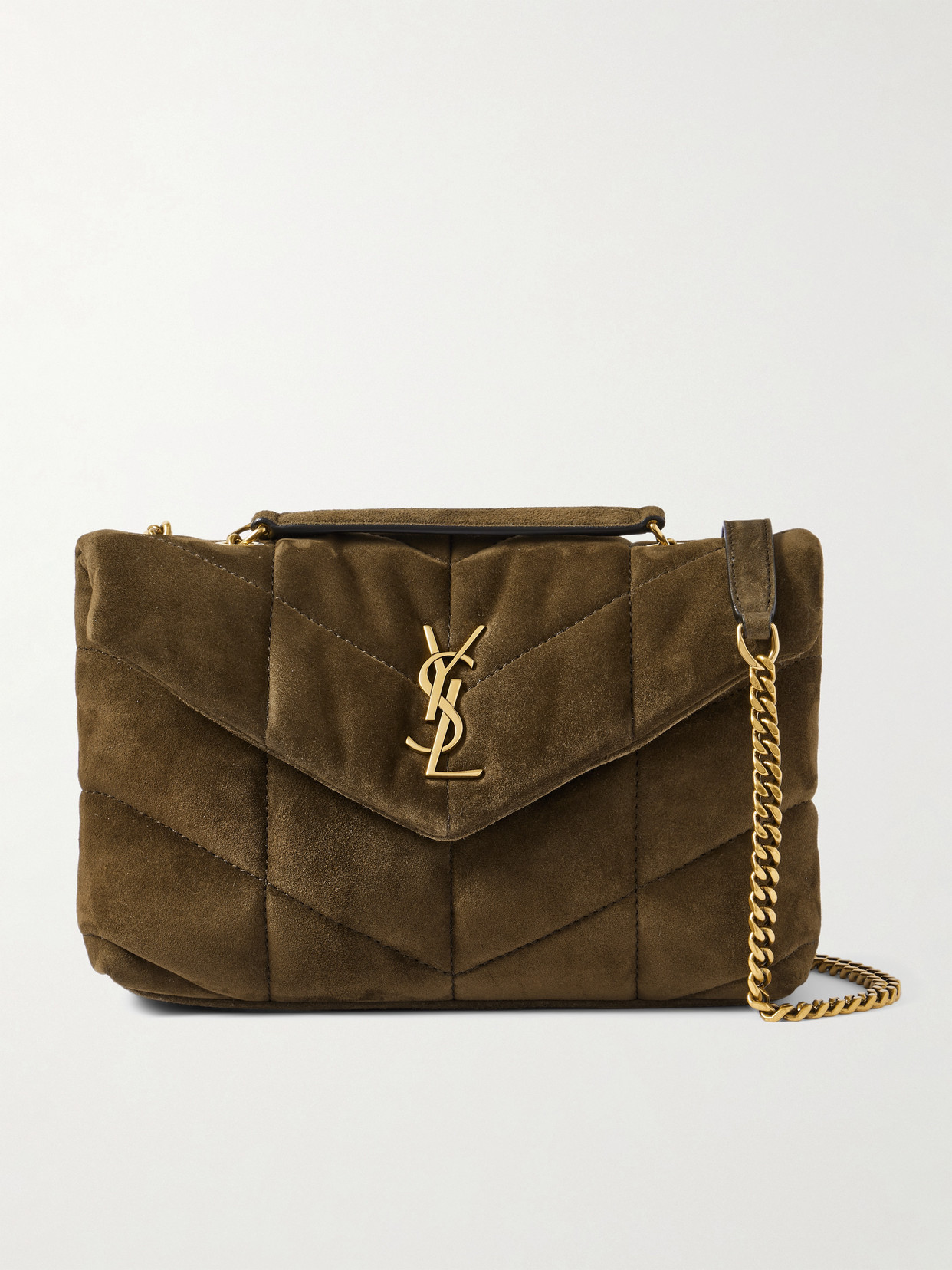 Saint Laurent Puffer Toy Quilted Leather-trimmed Suede Shoulder Bag In Brown