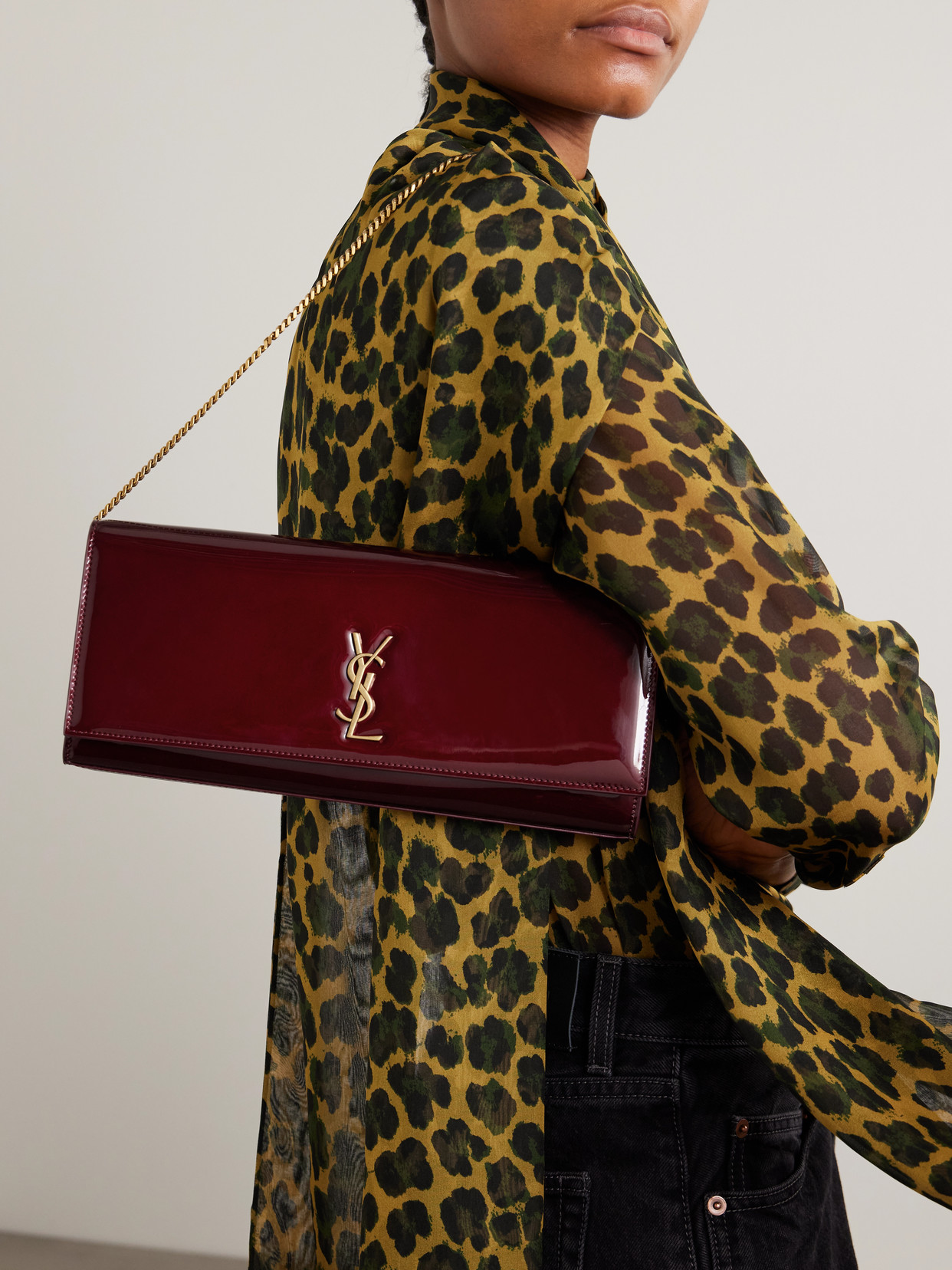 Saint Laurent Kate Patent-leather Clutch In Burgundy