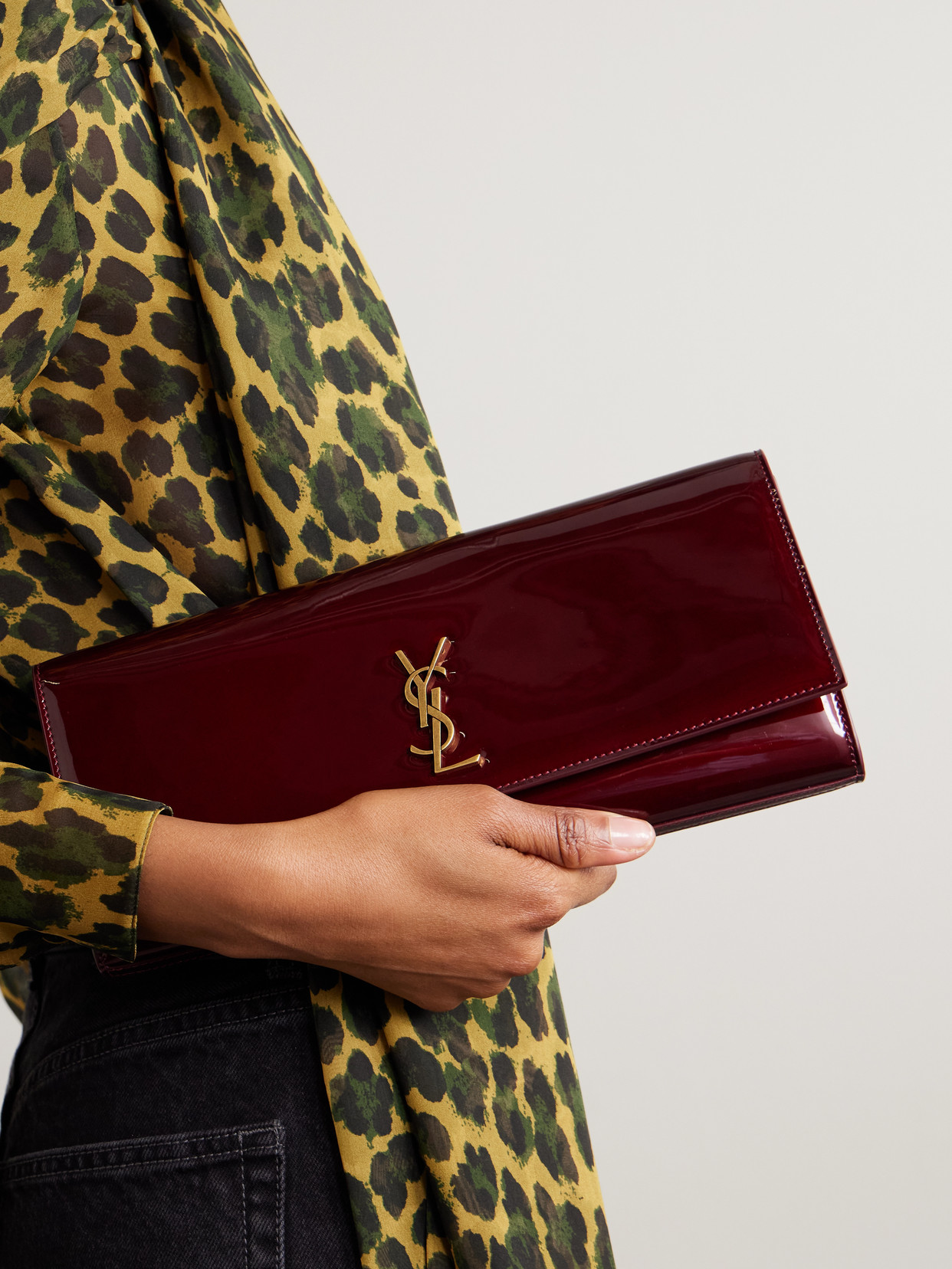 Saint Laurent Kate Patent-leather Clutch In Burgundy