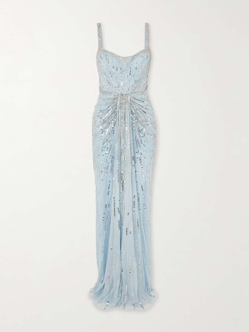 Jenny Packham Chrissy Gathered Draped Embellished Tulle Gown