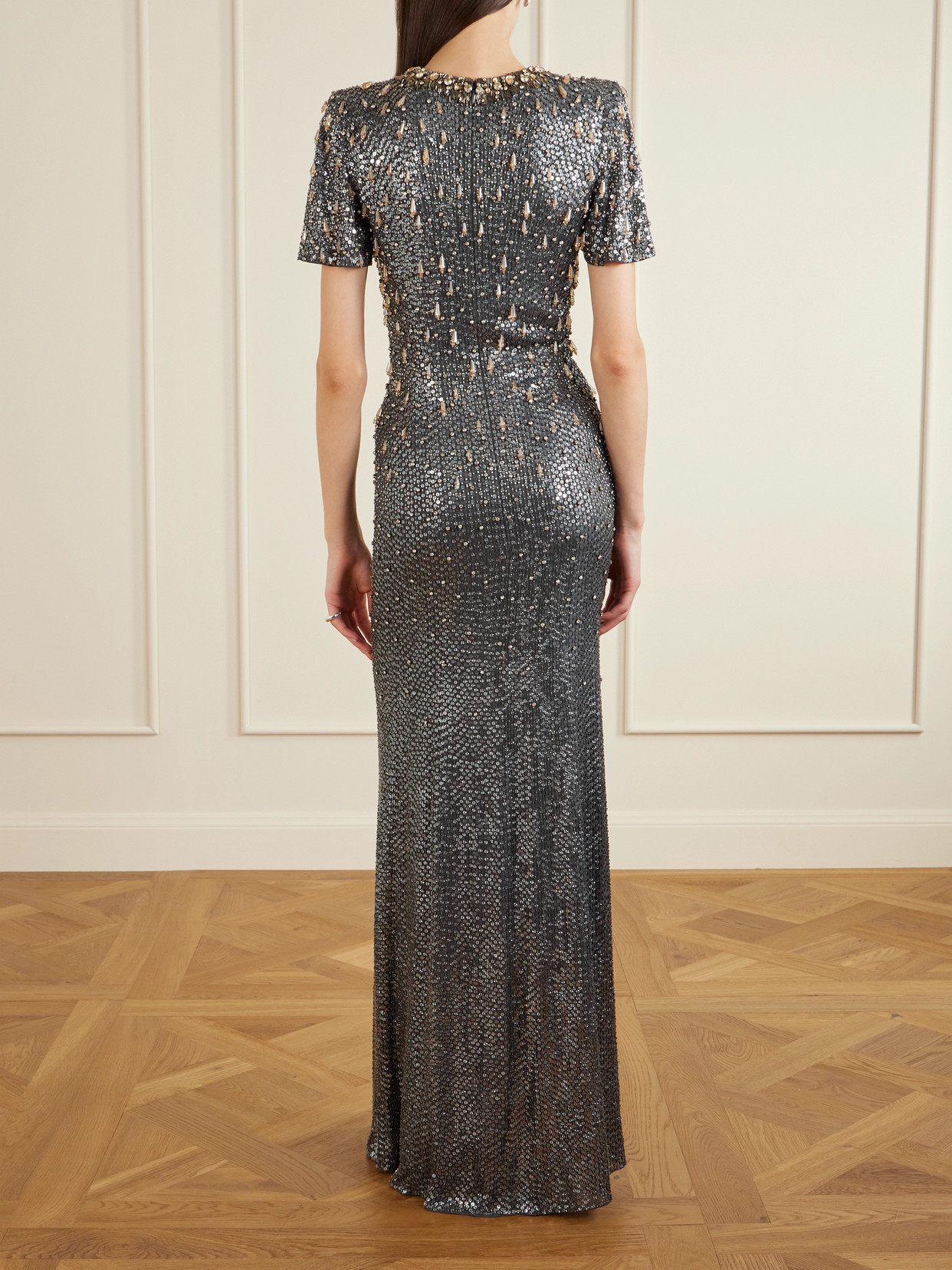 Jenny Packham Serenity Crystal-embellished Sequined Crepe Gown In Black
