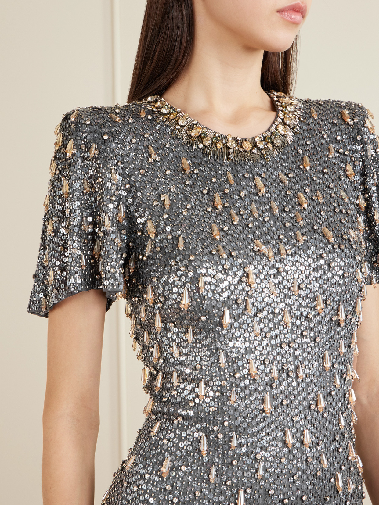 Jenny Packham Serenity Crystal-embellished Sequined Crepe Gown In Black