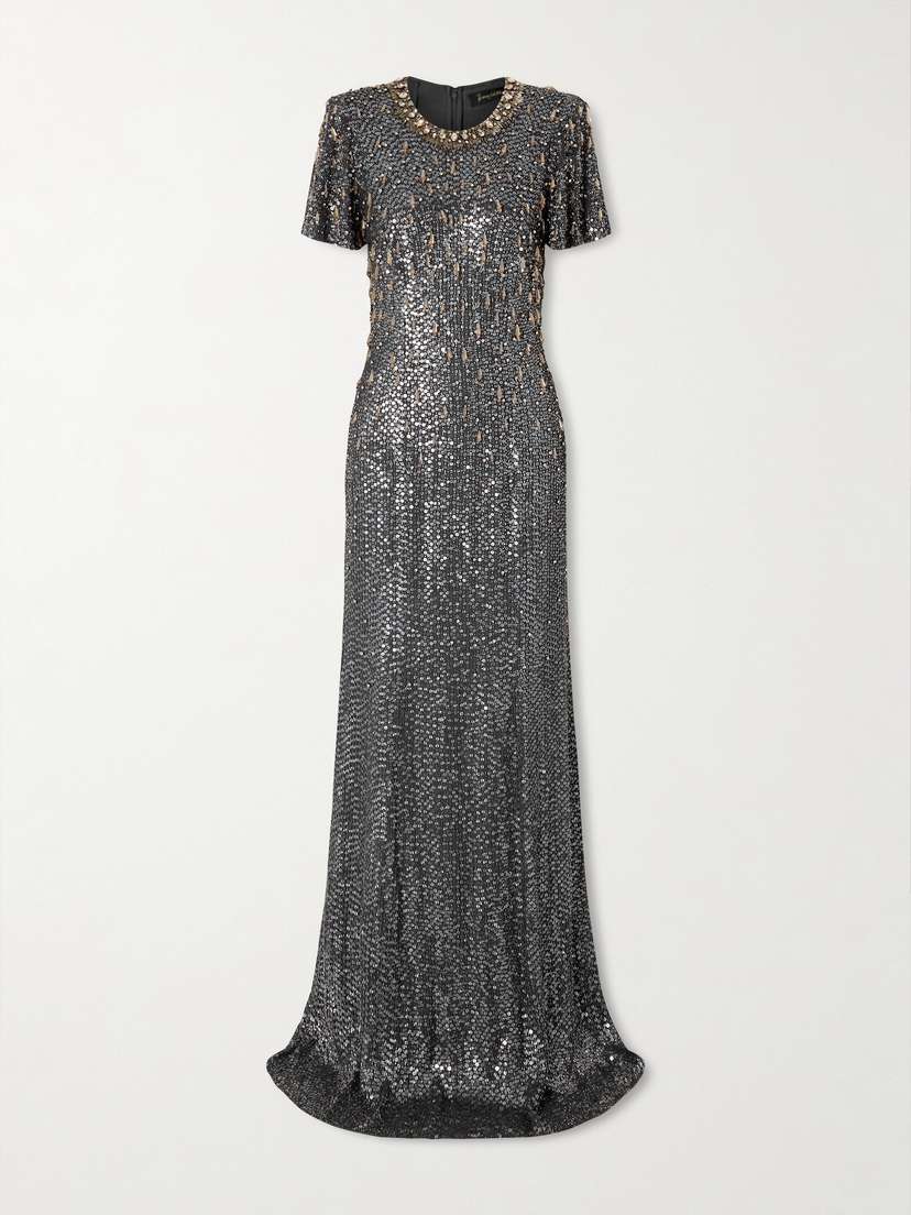 Jenny Packham Serenity Crystal-embellished Sequined Crepe Gown