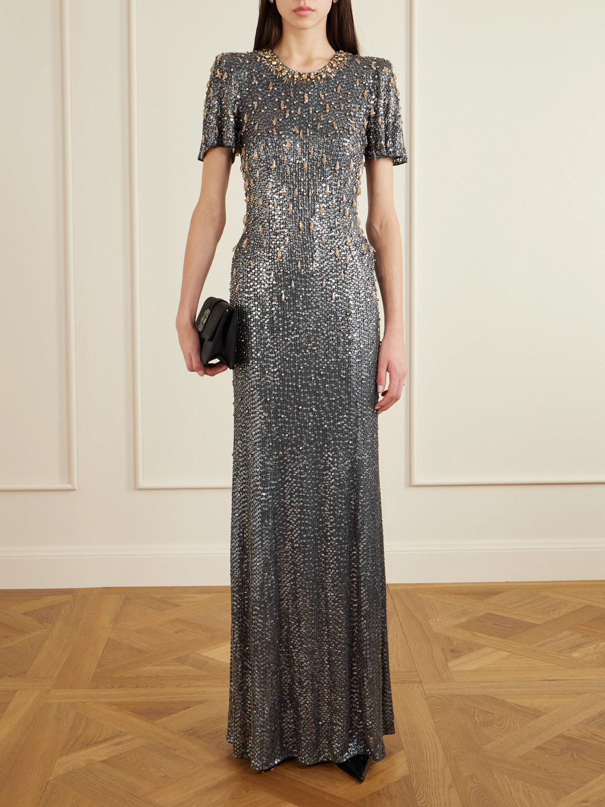 Jenny Packham Serenity Crystal-embellished Sequined Crepe Gown In Black