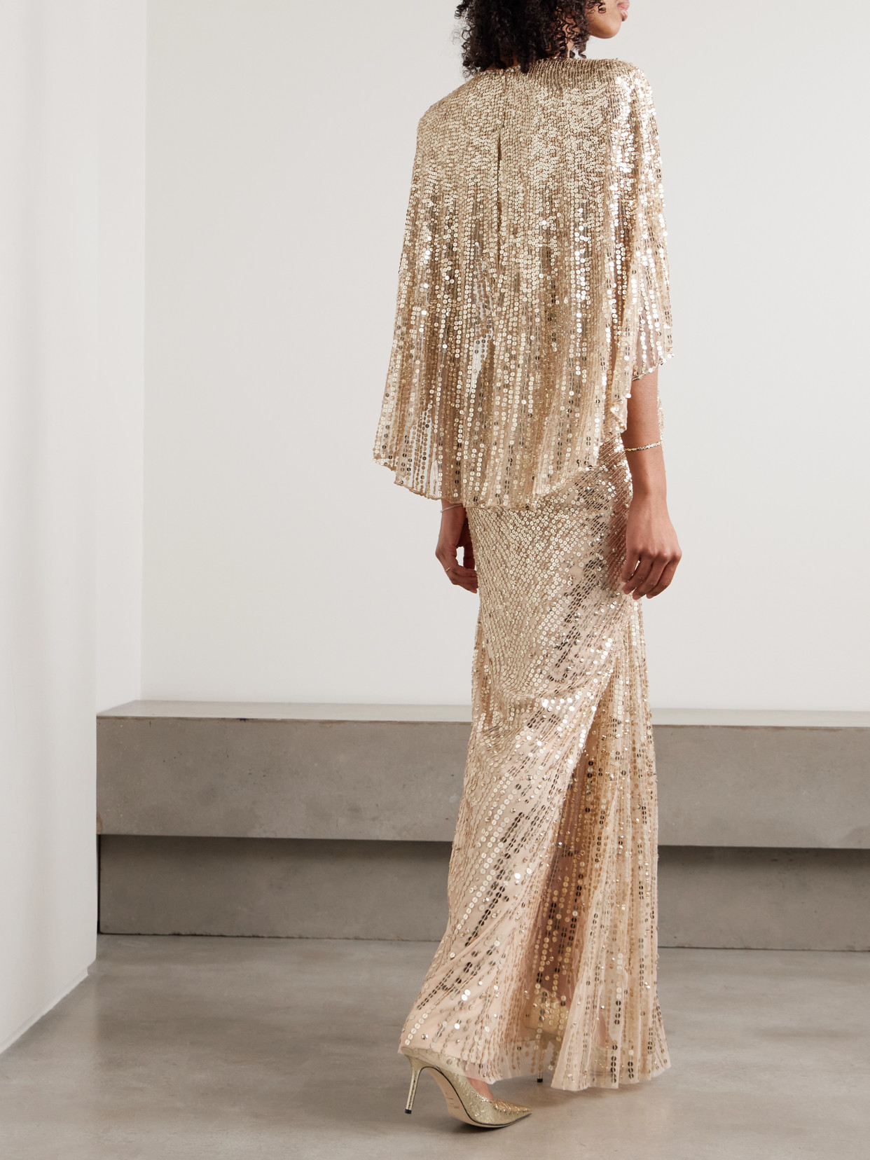 Jenny Packham Carrie Cape-effect Draped Sequined Chiffon Gown In Gold