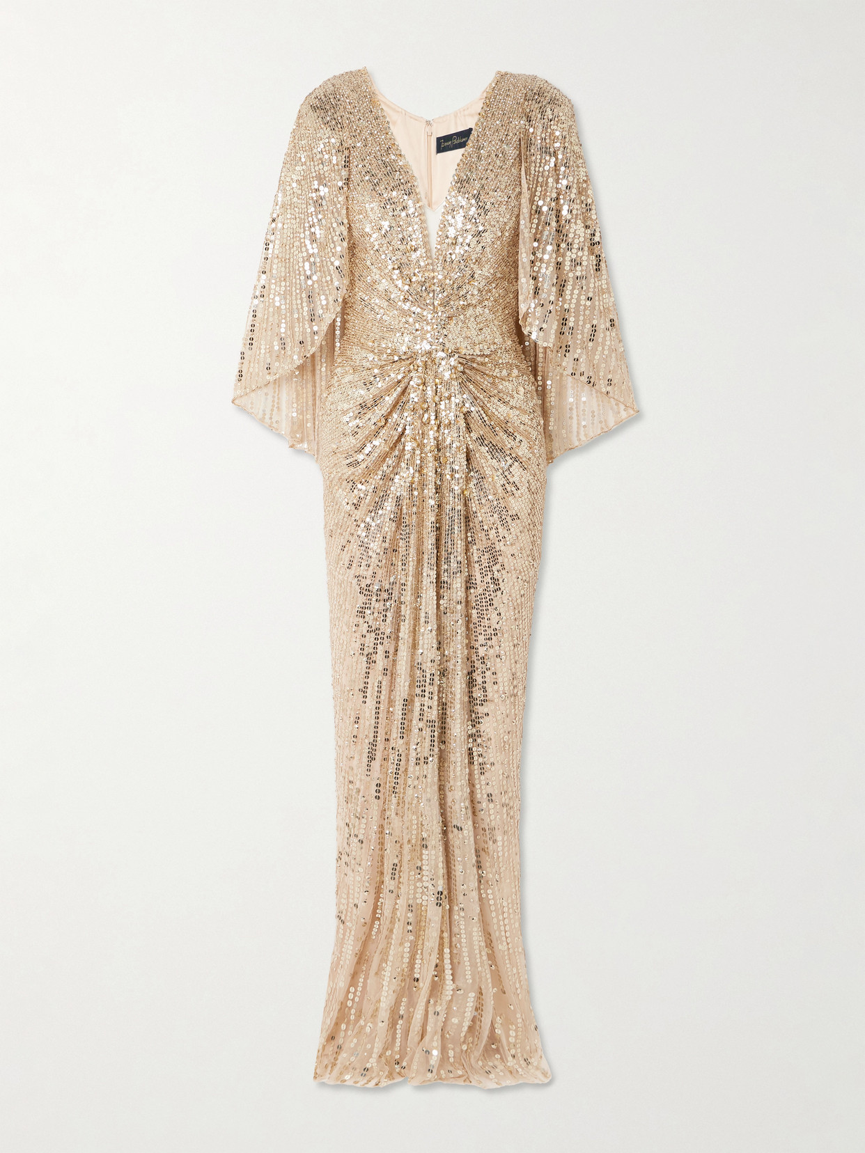 Jenny Packham Carrie Cape-effect Draped Sequined Chiffon Gown In Gold