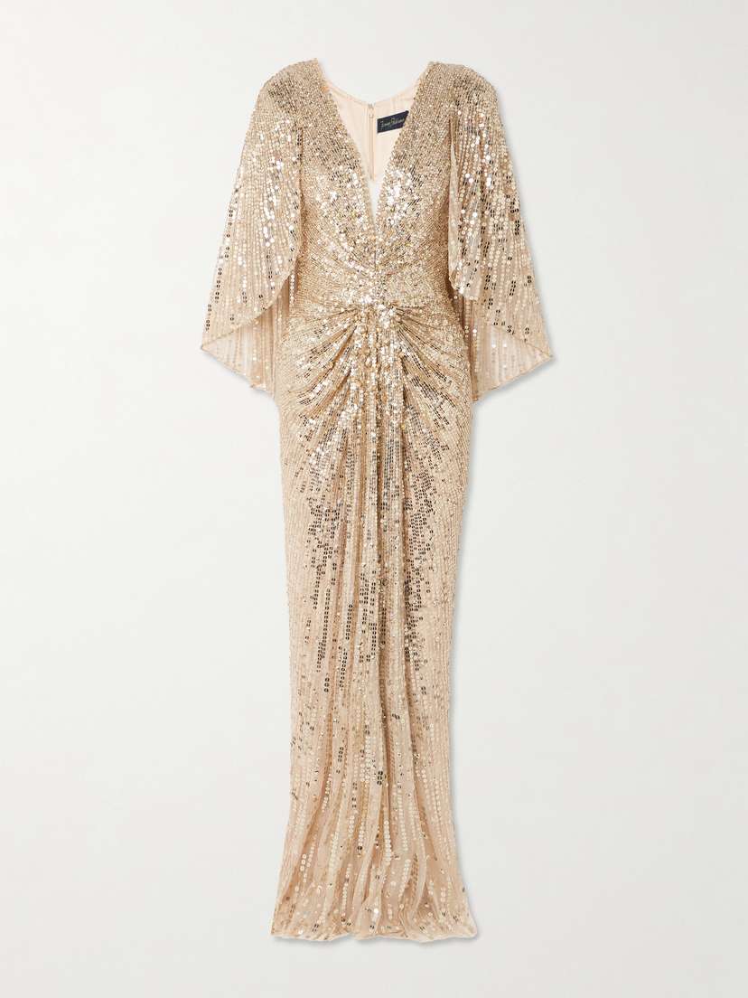 Jenny Packham Carrie Cape-effect Draped Sequined Chiffon Gown