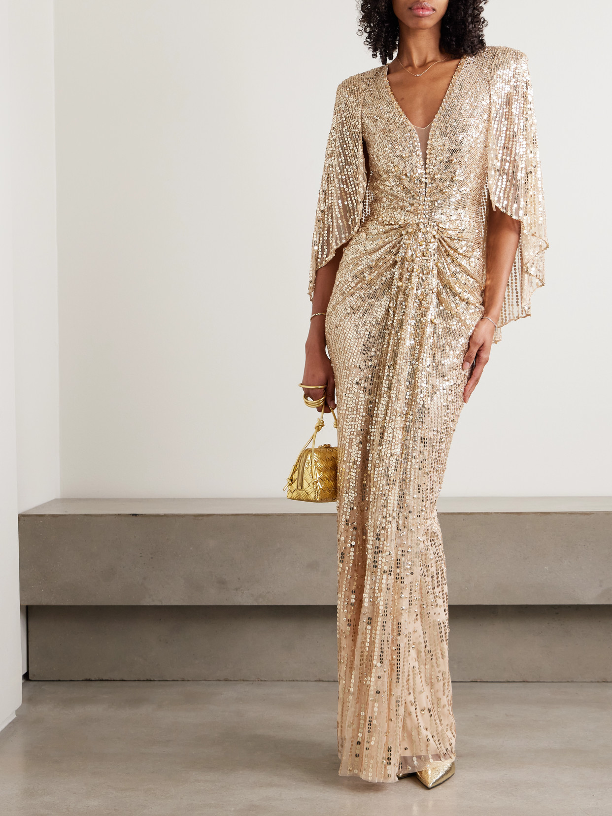 Jenny Packham Carrie Cape-effect Draped Sequined Chiffon Gown In Gold