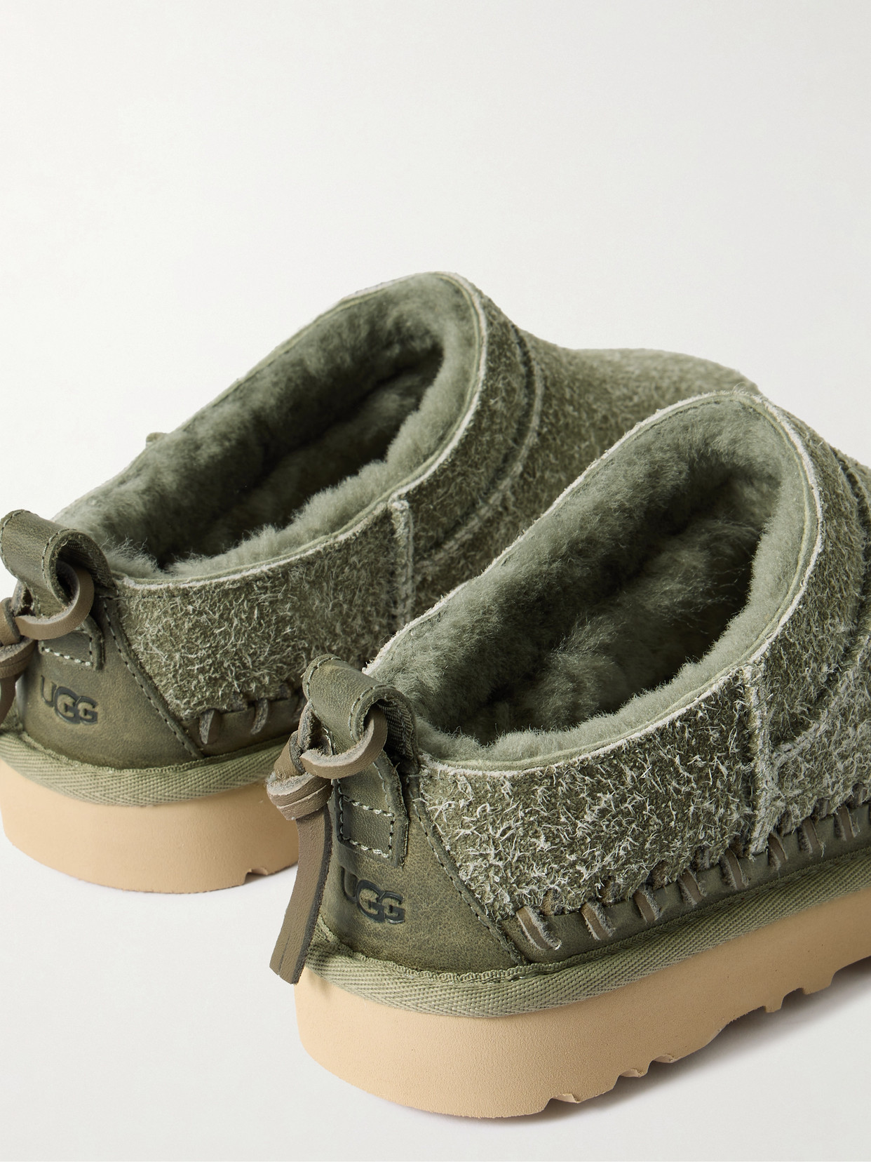 Ugg Micro Biarritz Braided Leather-trimmed Brushed-suede Slippers In Green