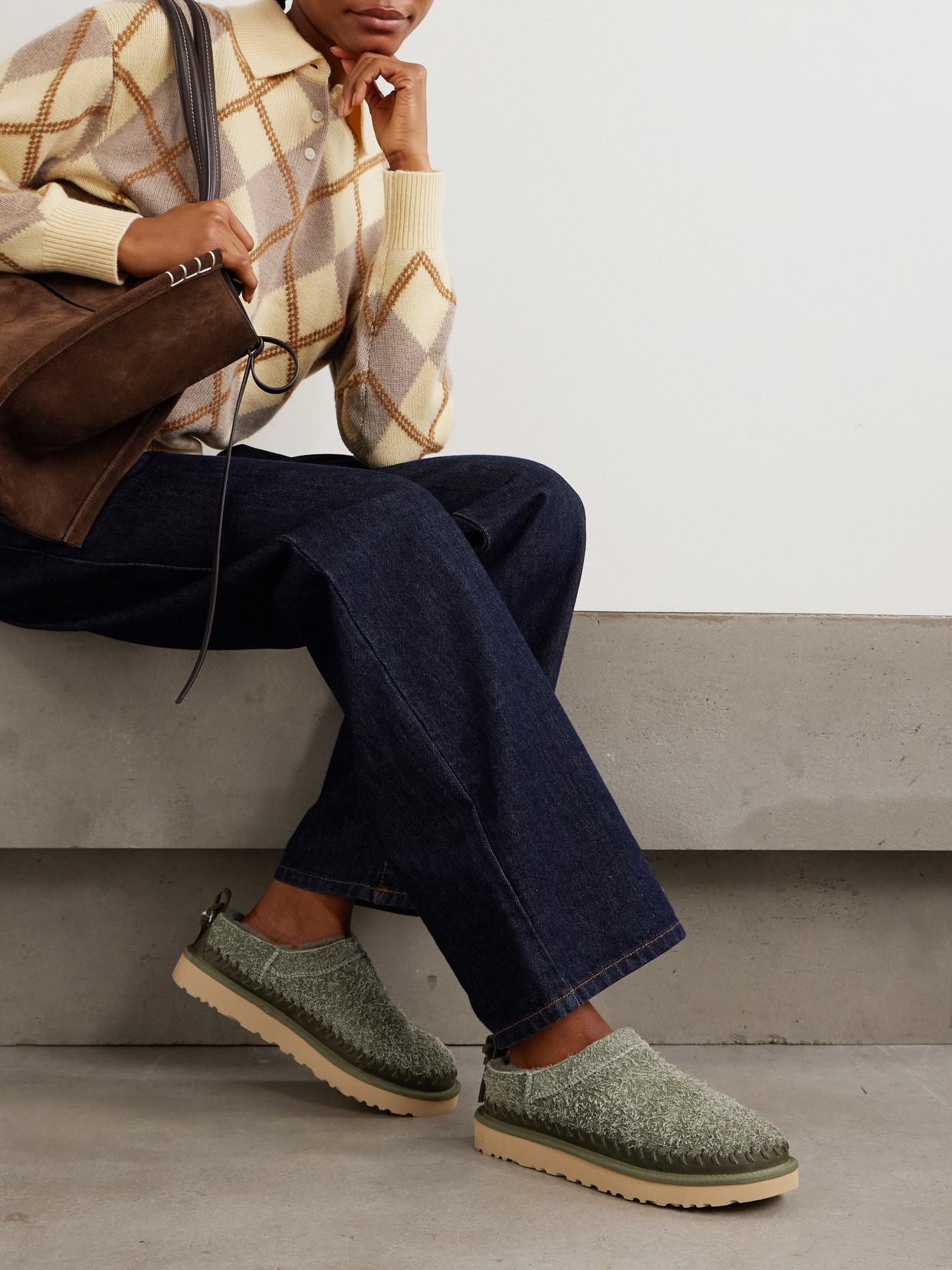 Ugg Micro Biarritz Braided Leather-trimmed Brushed-suede Slippers In Green