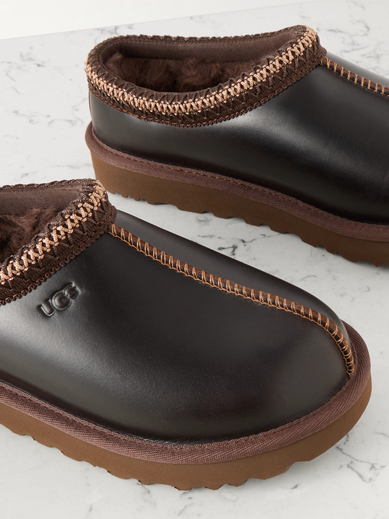 Ugg Tasman Regen Embroidered Leather Slippers In Brown
