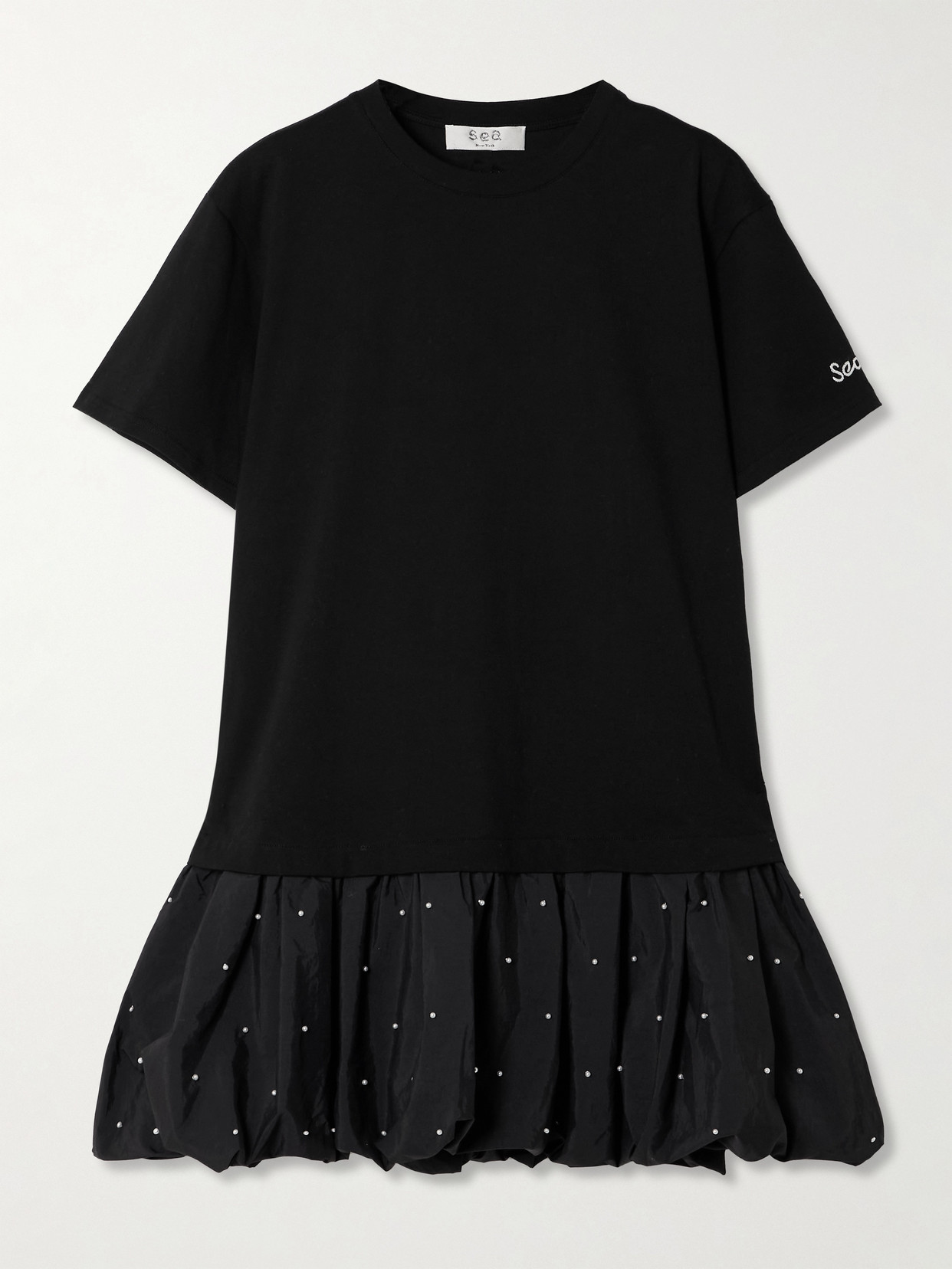 Sea Alberta Cotton-jersey And Faux Pearl-embellished Shell Mini Dress In Black