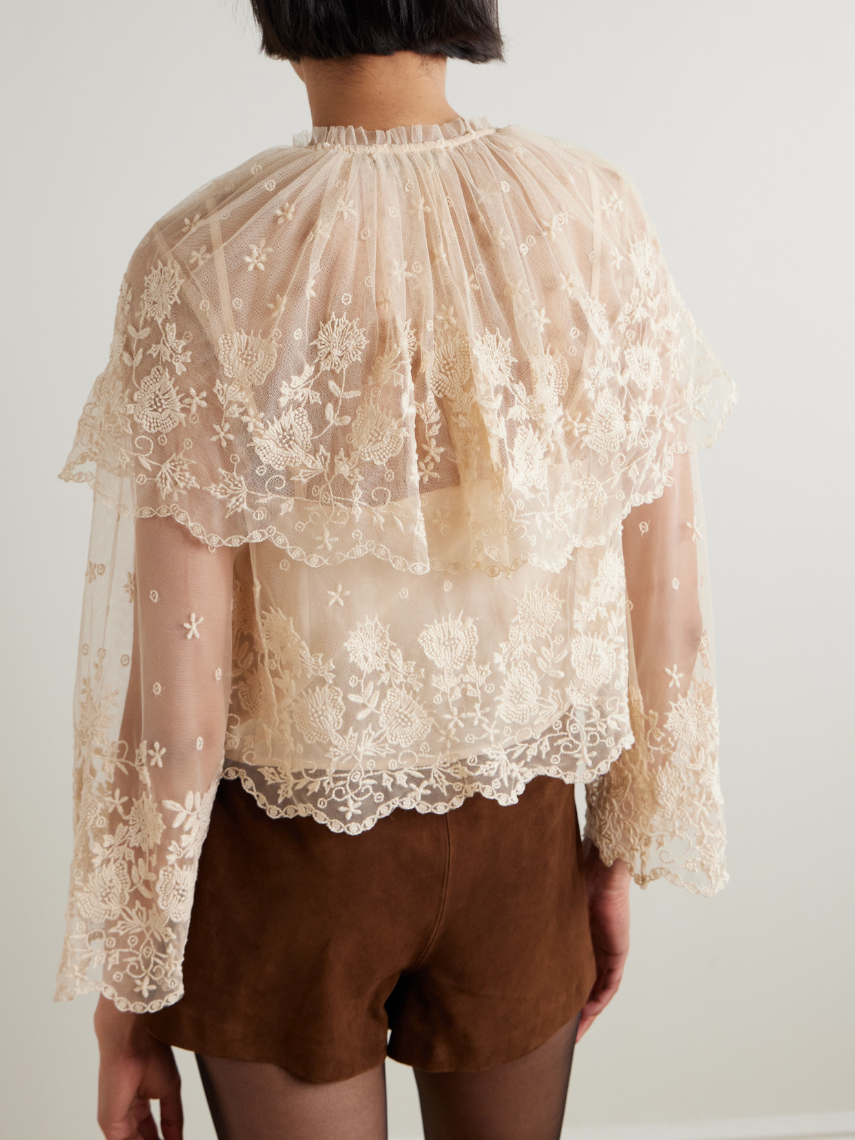 Sea Brontë Embroidered Tiered Mesh Top In Neutral