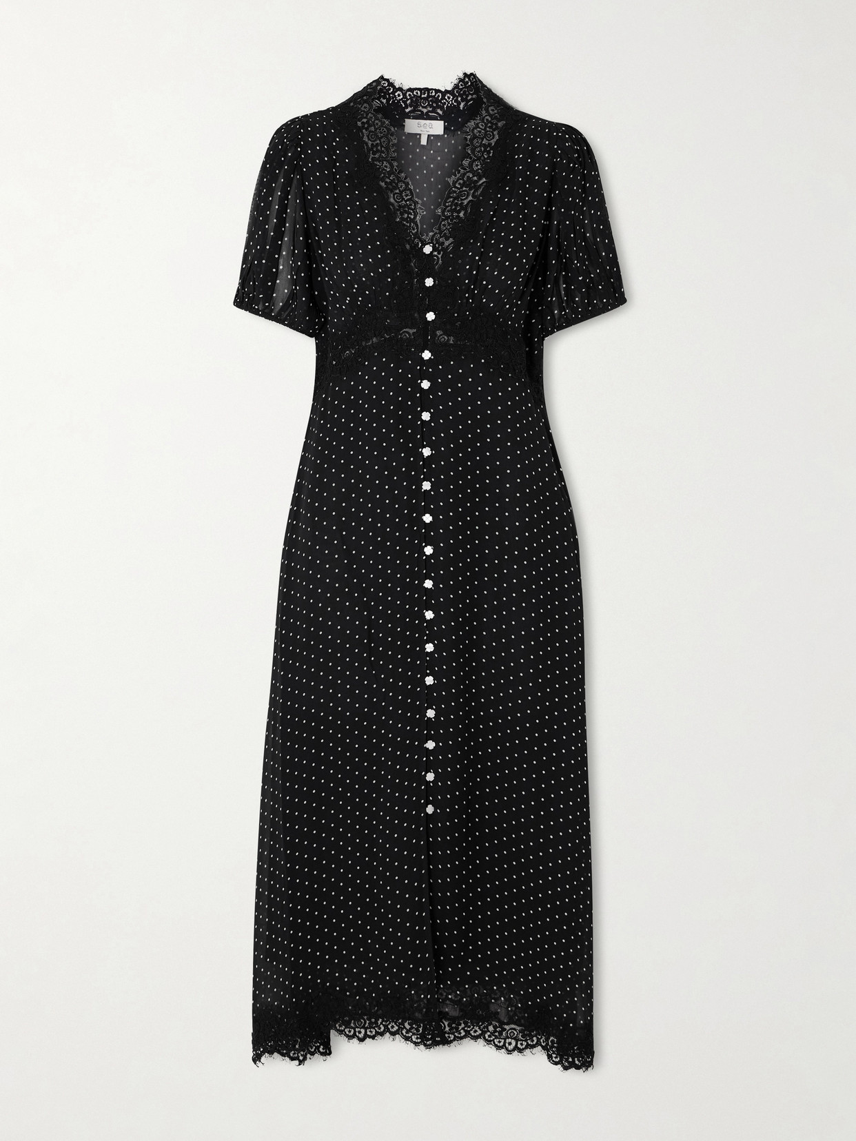 Sea Melody Lace-trimmed Polka-dot Crepe De Chine Midi Dress In Black