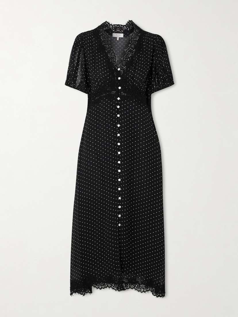 Sea Melody Lace-trimmed Polka-dot Crepe De Chine Midi Dress