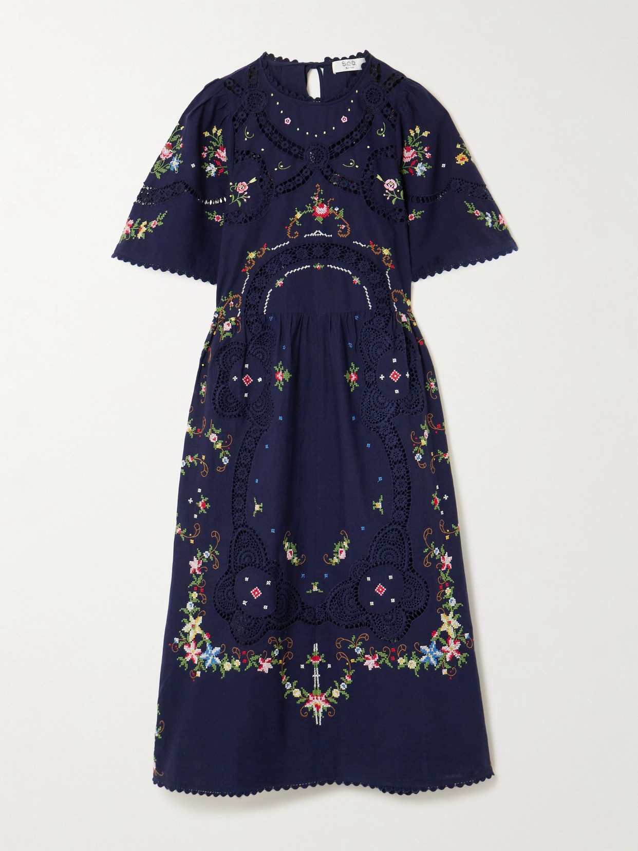 Sea Edwina Floral Lace-trimmed Embroidered Cotton Midi Dress In Blue