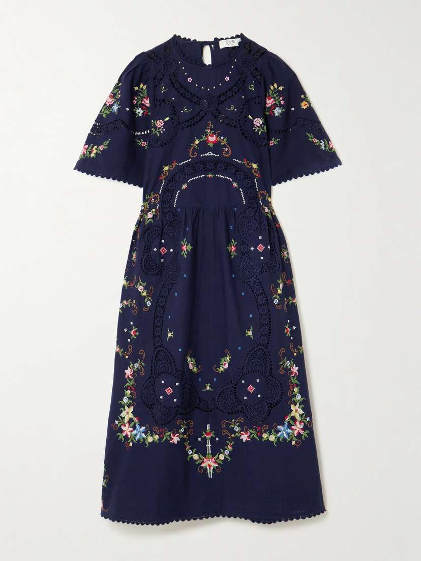 Sea Edwina Floral Lace-trimmed Embroidered Cotton Midi Dress