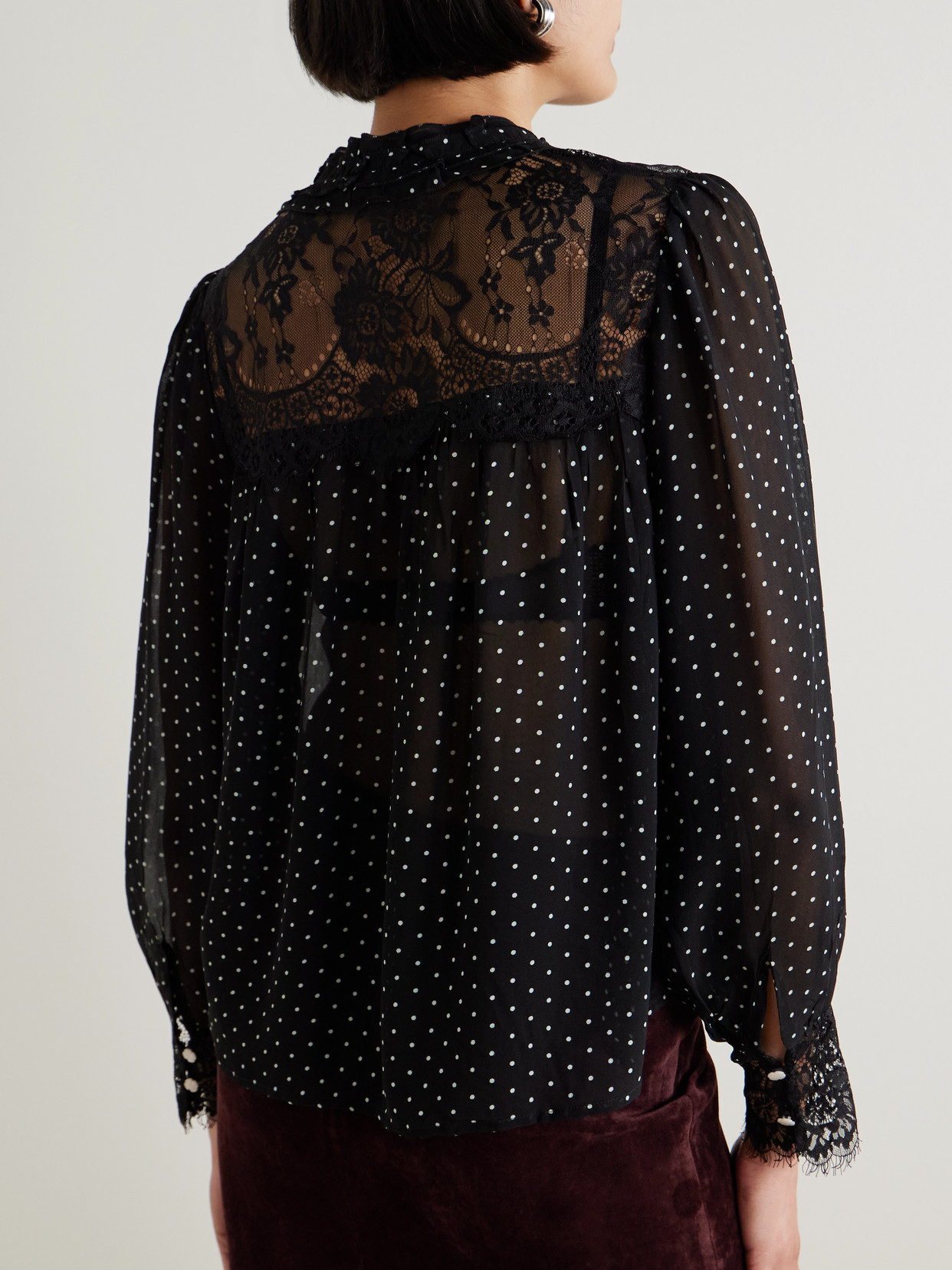 Sea Melody Tie-detailed Lace-trimmed Polka-dot Crepe De Chine Blouse In Black