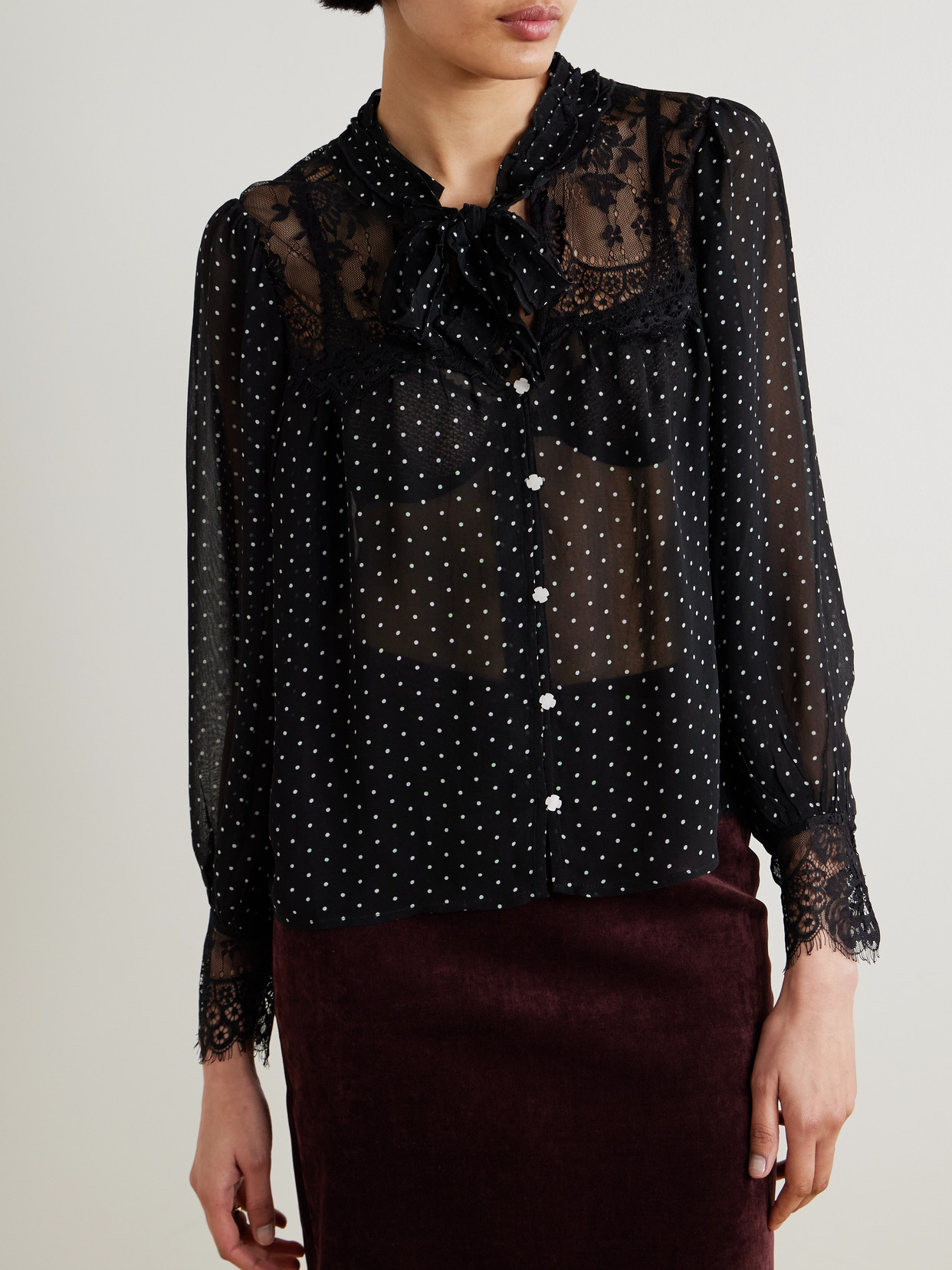 Sea Melody Tie-detailed Lace-trimmed Polka-dot Crepe De Chine Blouse In Black