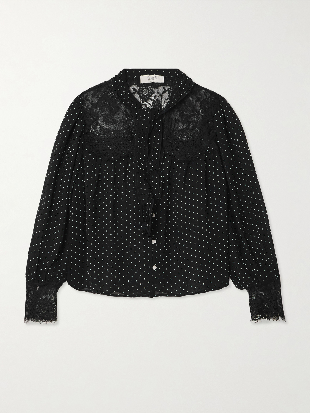 Sea Melody Tie-detailed Lace-trimmed Polka-dot Crepe De Chine Blouse In Black