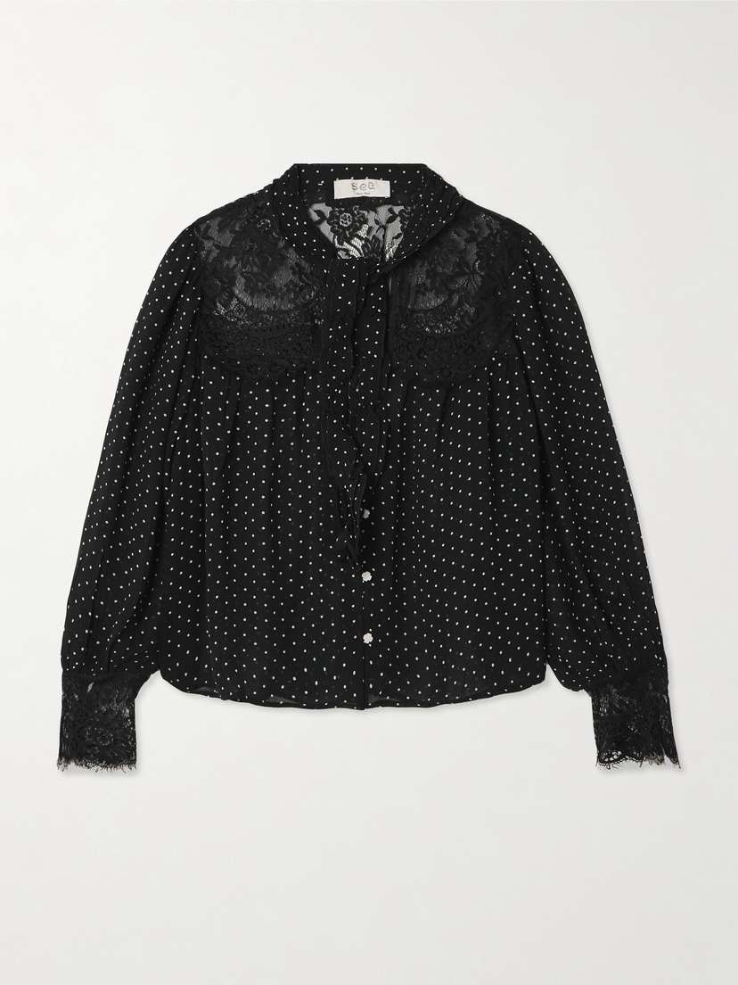 Sea Melody Tie-detailed Lace-trimmed Polka-dot Crepe De Chine Blouse