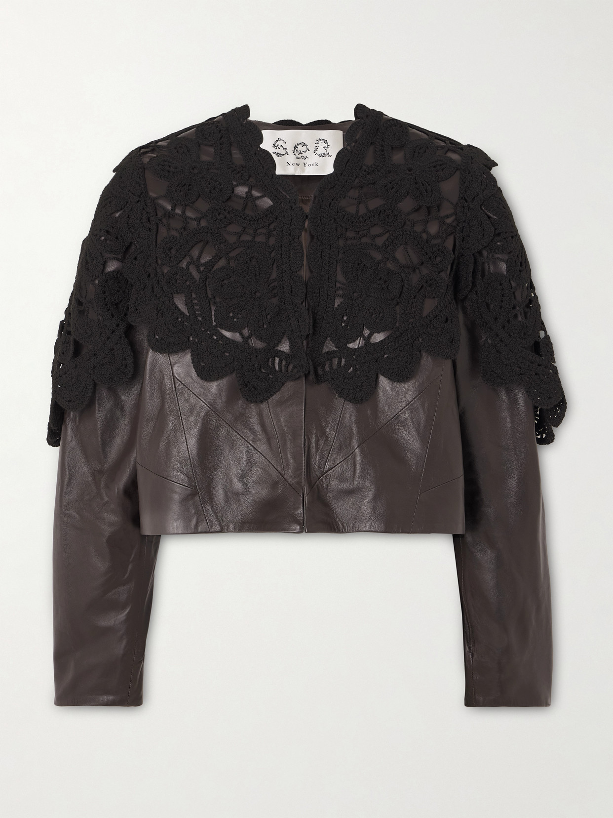 Sea Gwen Cropped Scalloped Crochet-trimmed Leather Jacket In Brown