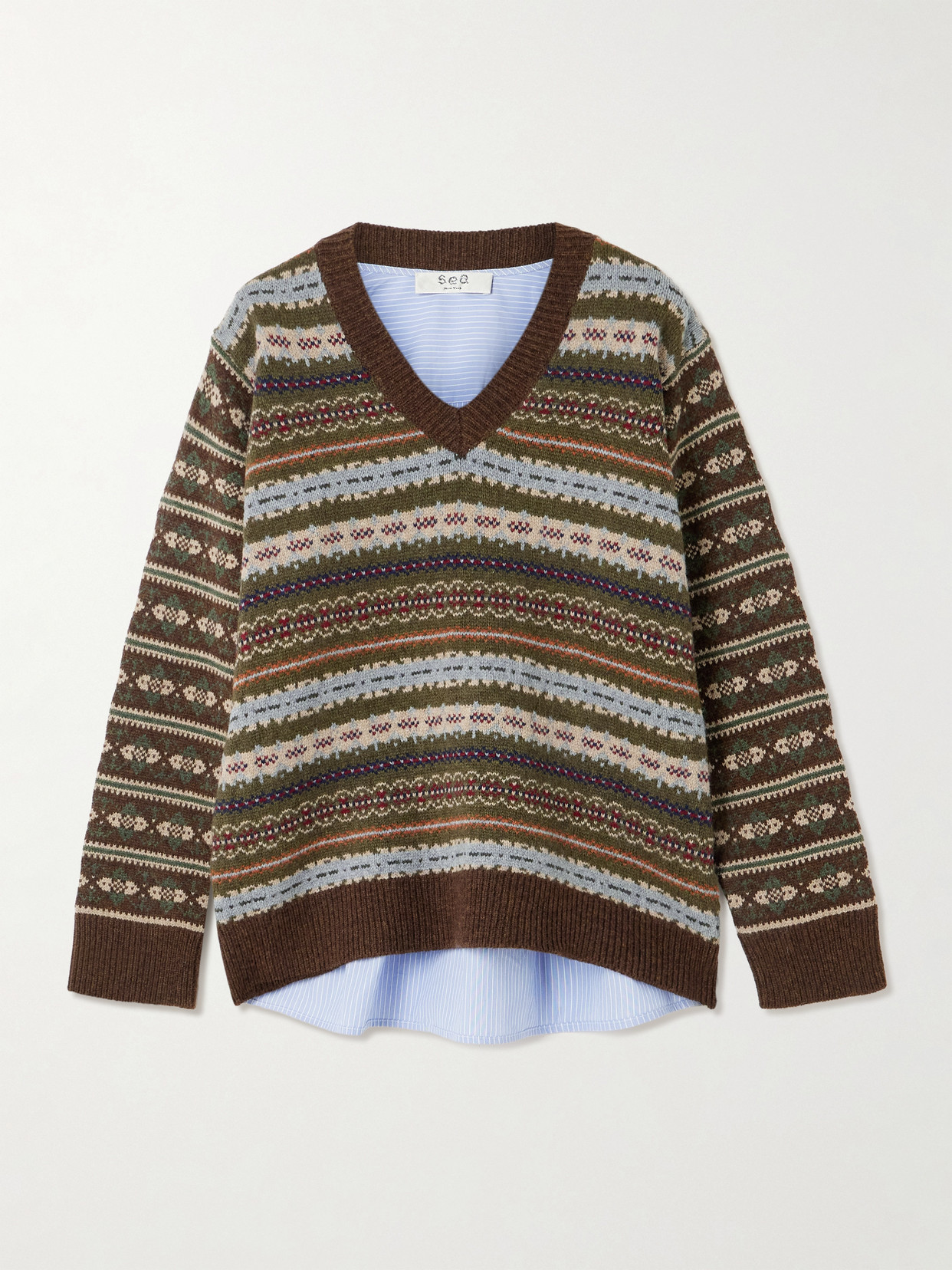 Sea Ciara Striped Cotton-poplin And Fair Isle Wool Sweater In Multi