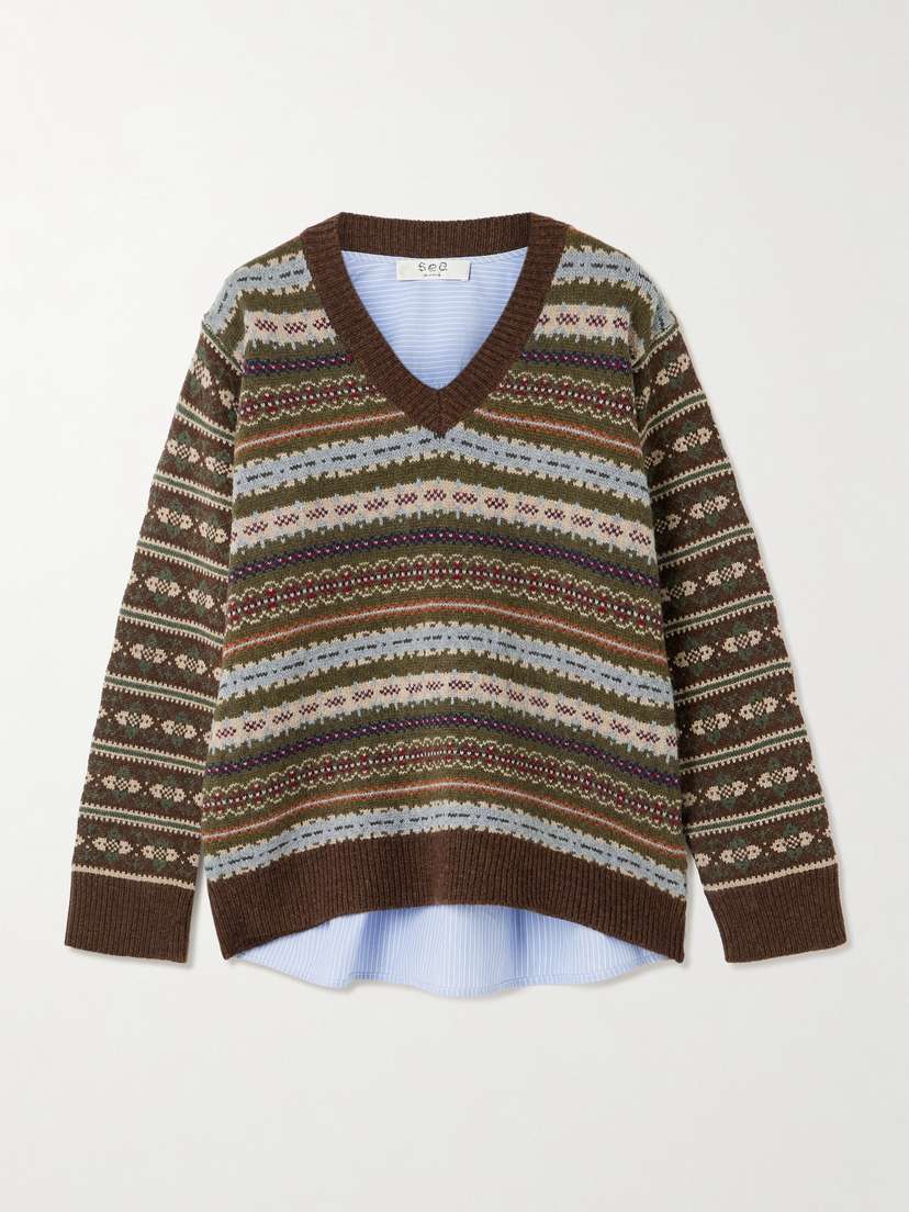 Sea Ciara Striped Cotton-poplin And Fair Isle Wool Sweater