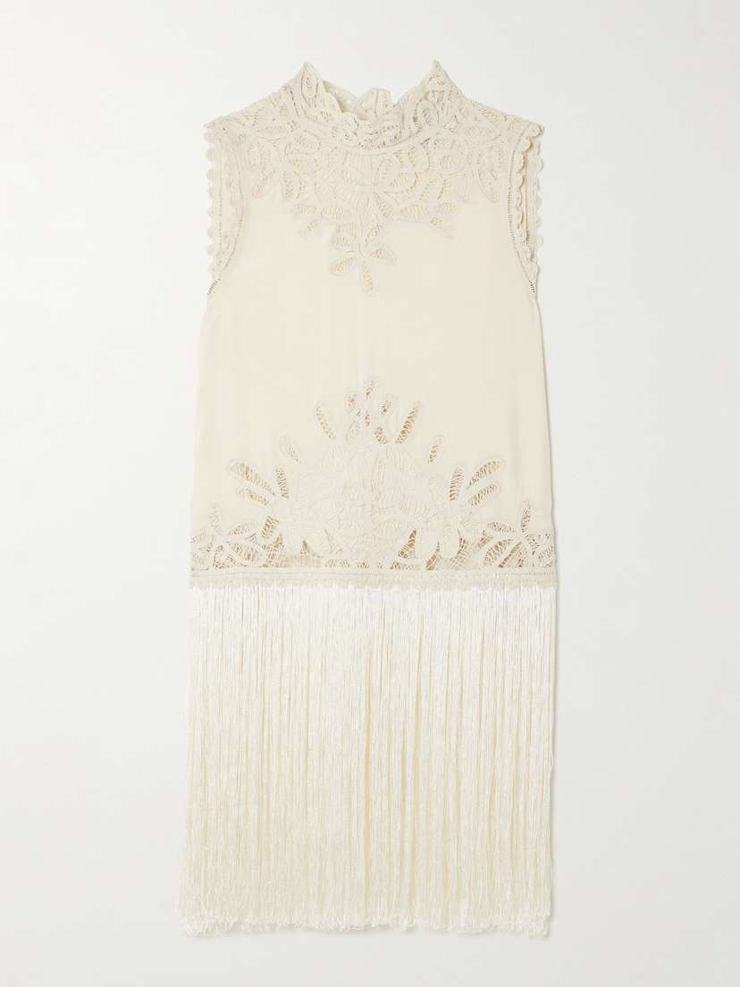 Sea Adelina Tie-side Fringed Lace-paneled Woven Top