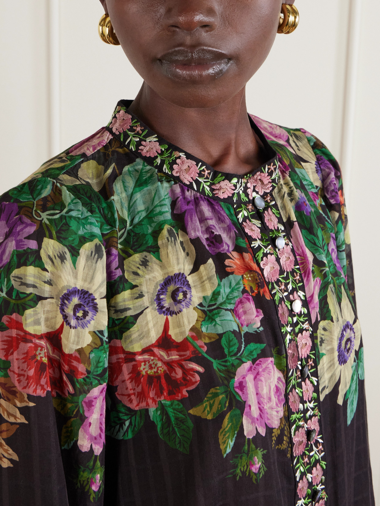 Sea Viktoria Embroidered Floral-print Voile Blouse In Multi