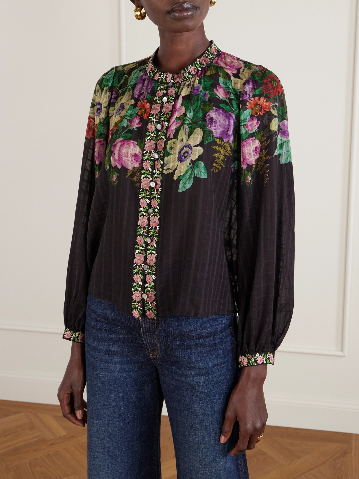 Sea Viktoria Embroidered Floral-print Voile Blouse In Multi