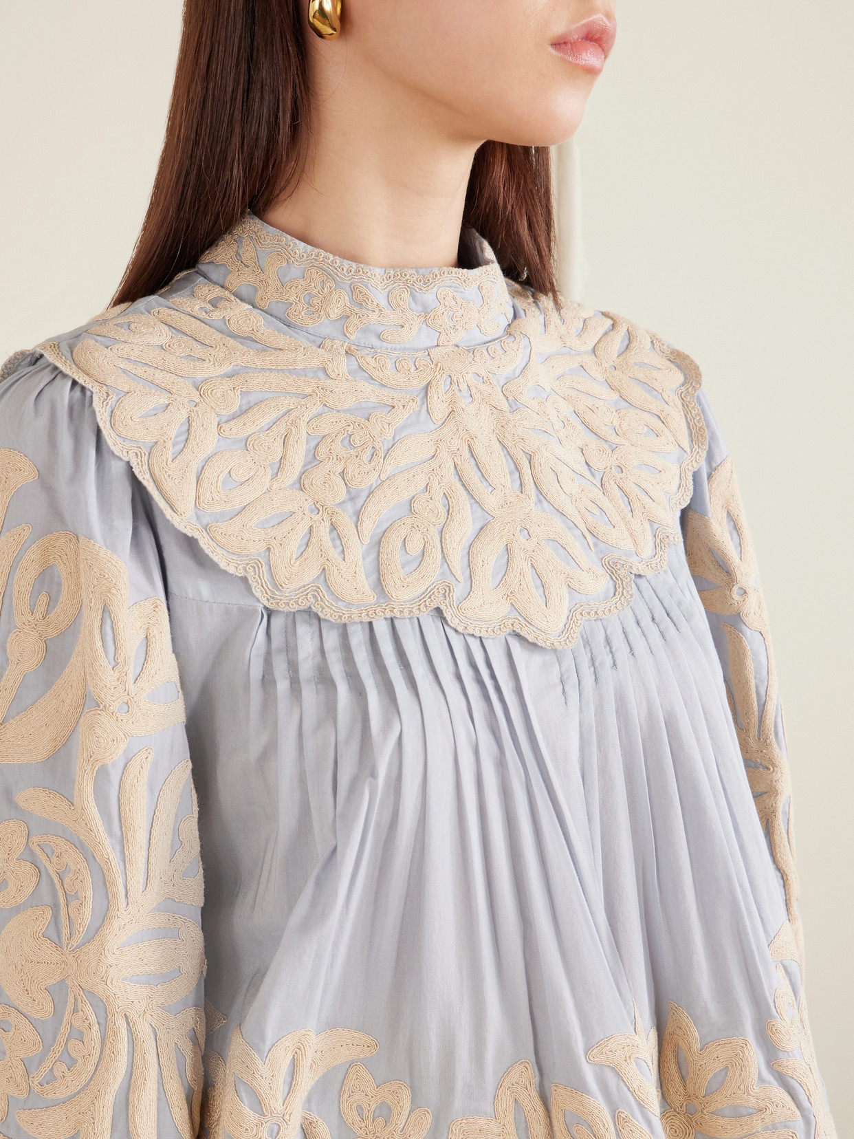 Alexandra Pleated Embroidered Cotton-Voile Blouse
