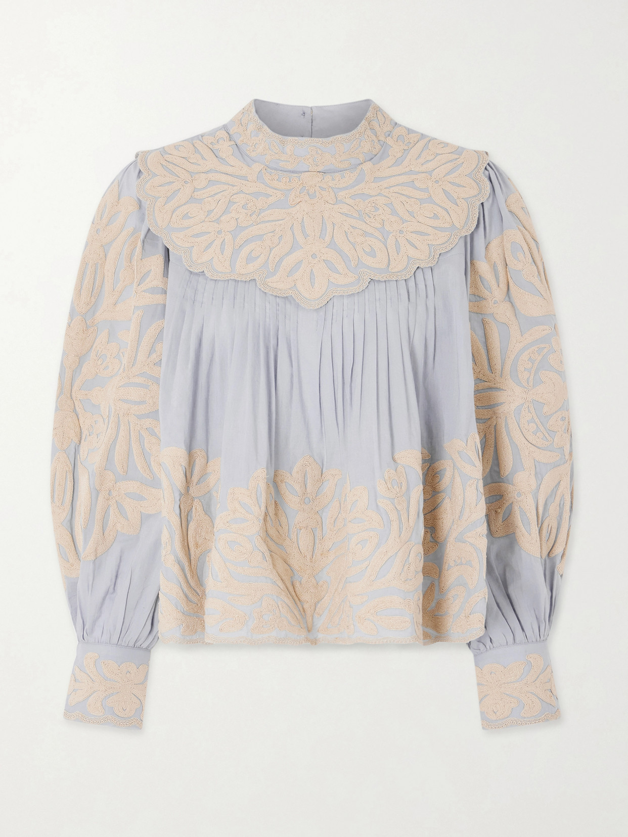 Sea Alexandra Pleated Embroidered Cotton-voile Blouse In Blue