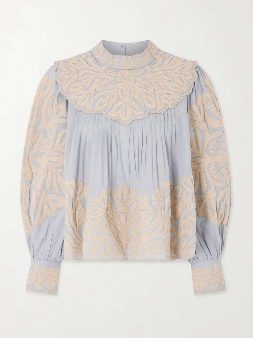 Sea Alexandra Pleated Embroidered Cotton-voile Blouse